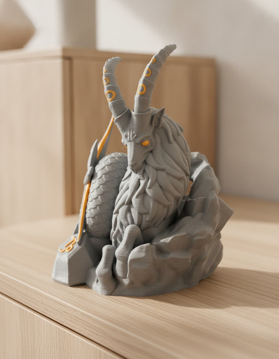 Grauer Steinbock-Skulptur, Nahaufnahme des Kopfs mit Hornringen und orangefarbenen Augen, auf hellem Holzsideboard mit unscharfem Hintergrund