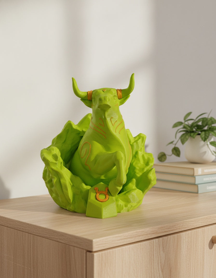 Neongrüne Stier-Sternzeichen-Skulptur mit goldenen Hornringen, frontale Ansicht auf hellem Holzsideboard vor weißer Wand, mit Bücherstapel und Grünpflanze im unscharfen Hintergrund – Münch3D 3D-Druck