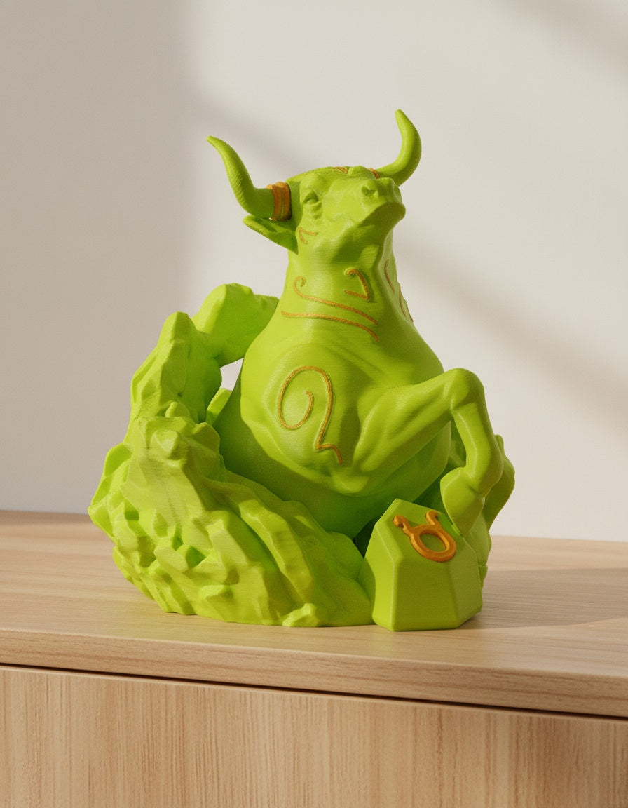 Neongrüne Stier-Skulptur, Kopf nach oben gerichtet mit goldenen Ornament-Linien, auf hellem Holzsideboard mit unscharfem Hintergrund