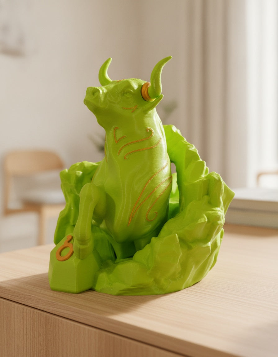 Neongrüne Stier-Skulptur, seitliches Profil mit erhobenem Kopf, auf hellem Holzsideboard mit unscharfem Hintergrund