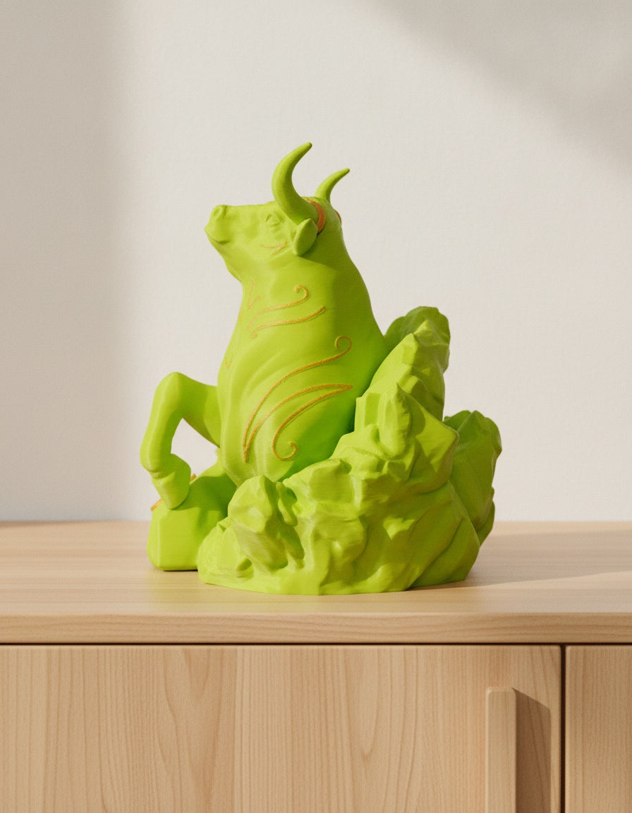 Neongrüne Stier-Skulptur, Dreiviertelansicht mit gehobenem Vorderbein, auf hellem Holzsideboard mit unscharfem Hintergrund