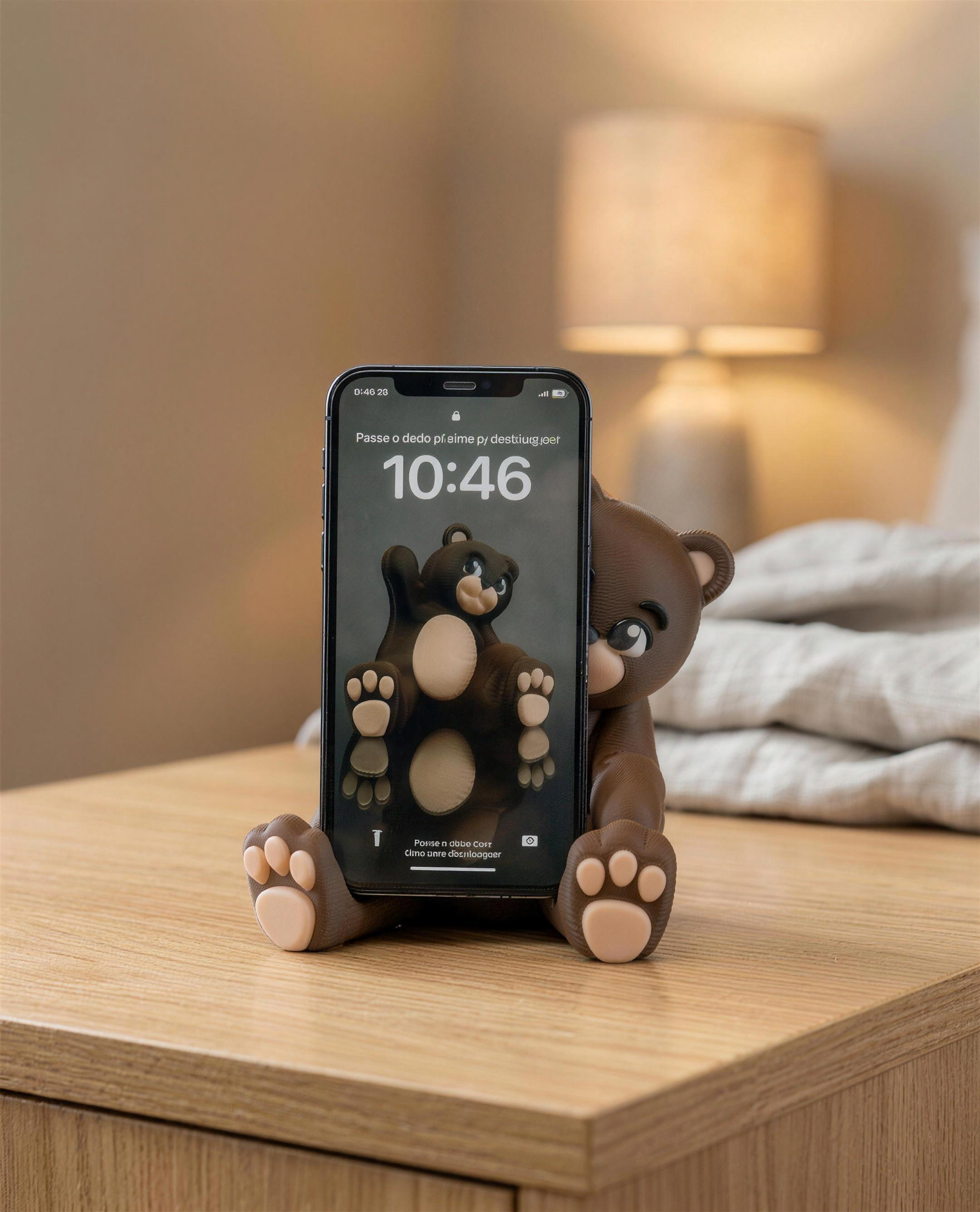 Bärenfigur-Handyhalter aus 3D-Druck mit eingestecktem Smartphone auf einem Nachttisch, im Hintergrund eine Lampe und Bettwäsche