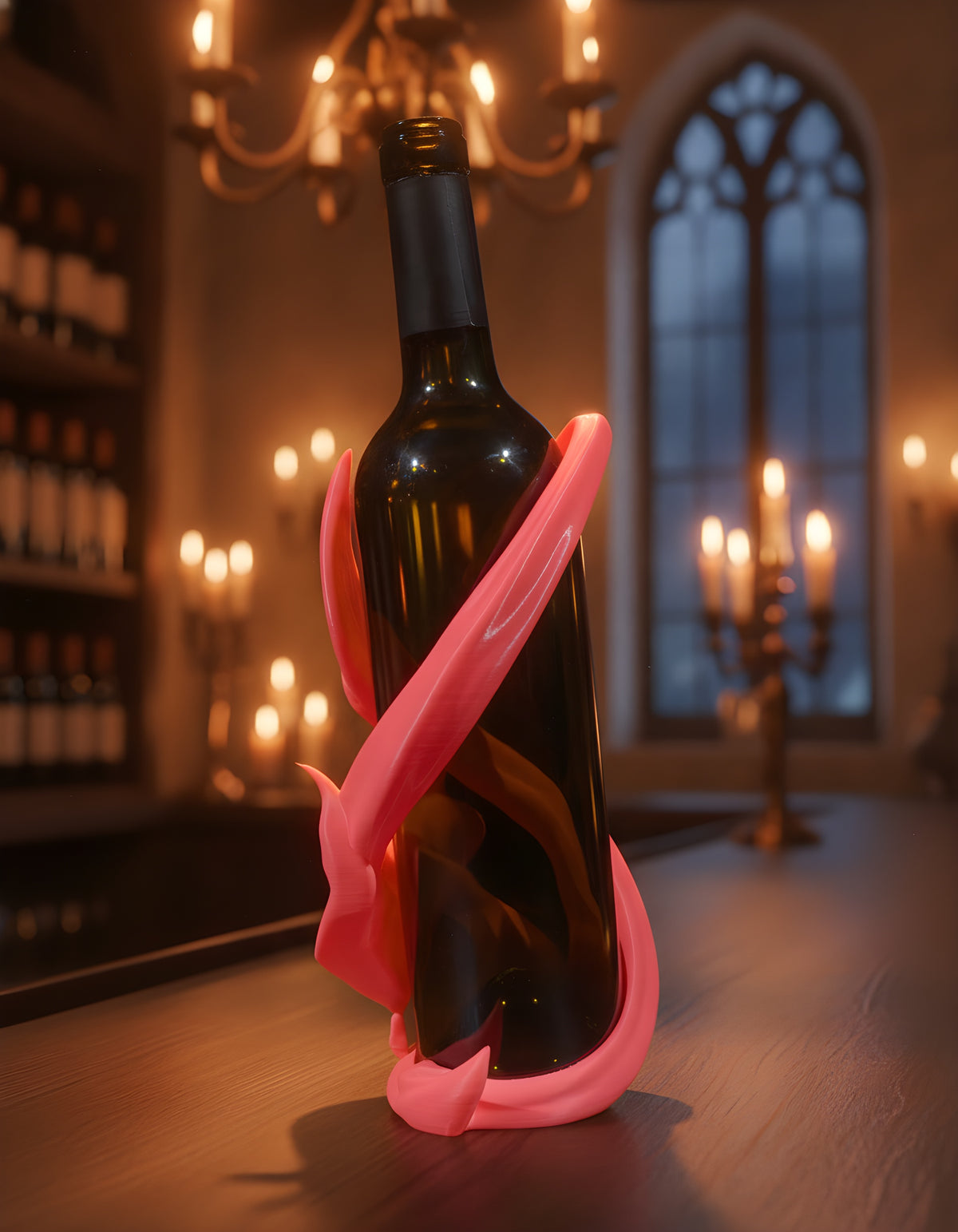 Tänzerin-Weinflaschenhalter vor Weinregal mit Kerzenlicht, Bänder umschlingen die Flasche von vorne – Münch3D