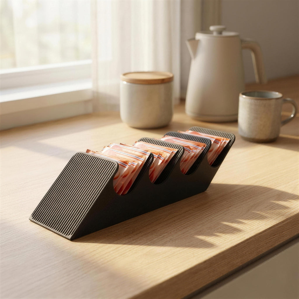Black Tea Cascade tea bag dispenser with 4 slots and visible tea bags on a wooden kitchen counter, teapot and mug in the background