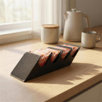 Black Tea Cascade tea bag dispenser with 4 slots and visible tea bags on a wooden kitchen counter, teapot and mug in the background