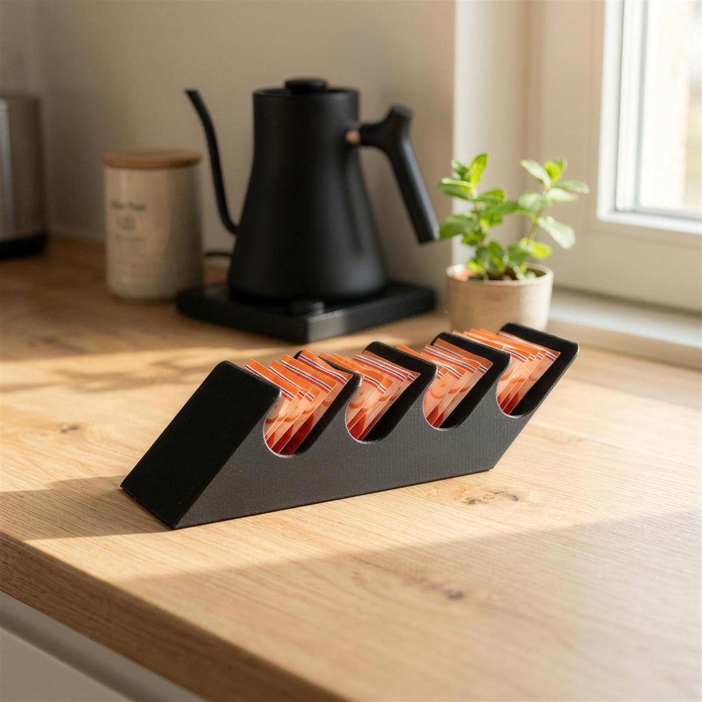 Black Tea Cascade tea bag dispenser from the opposite angle with four tea bags, kitchen scene with kettle and plant in the background