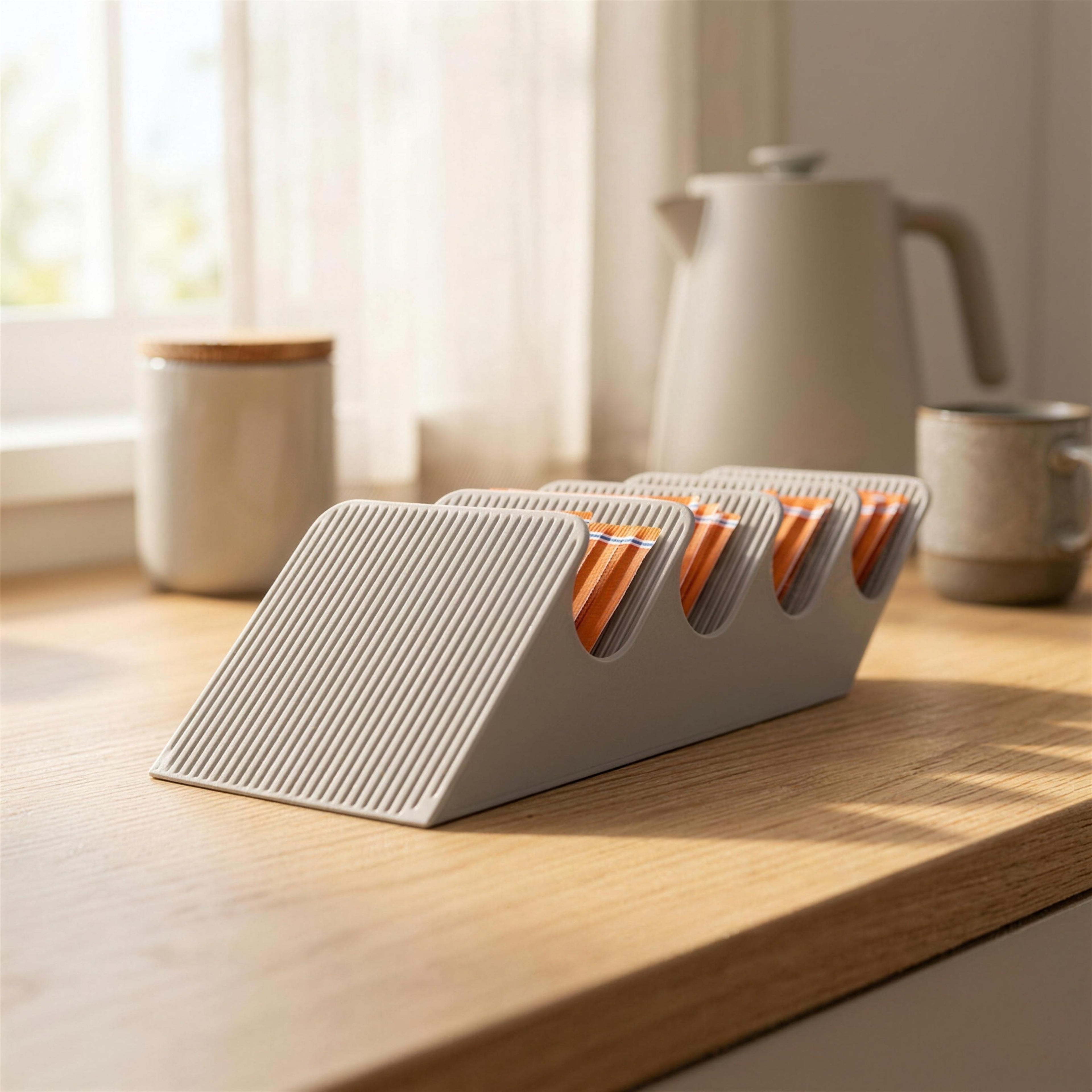Light grey Tea Cascade tea bag dispenser with tea bags in tiered design on a wooden counter, close front view