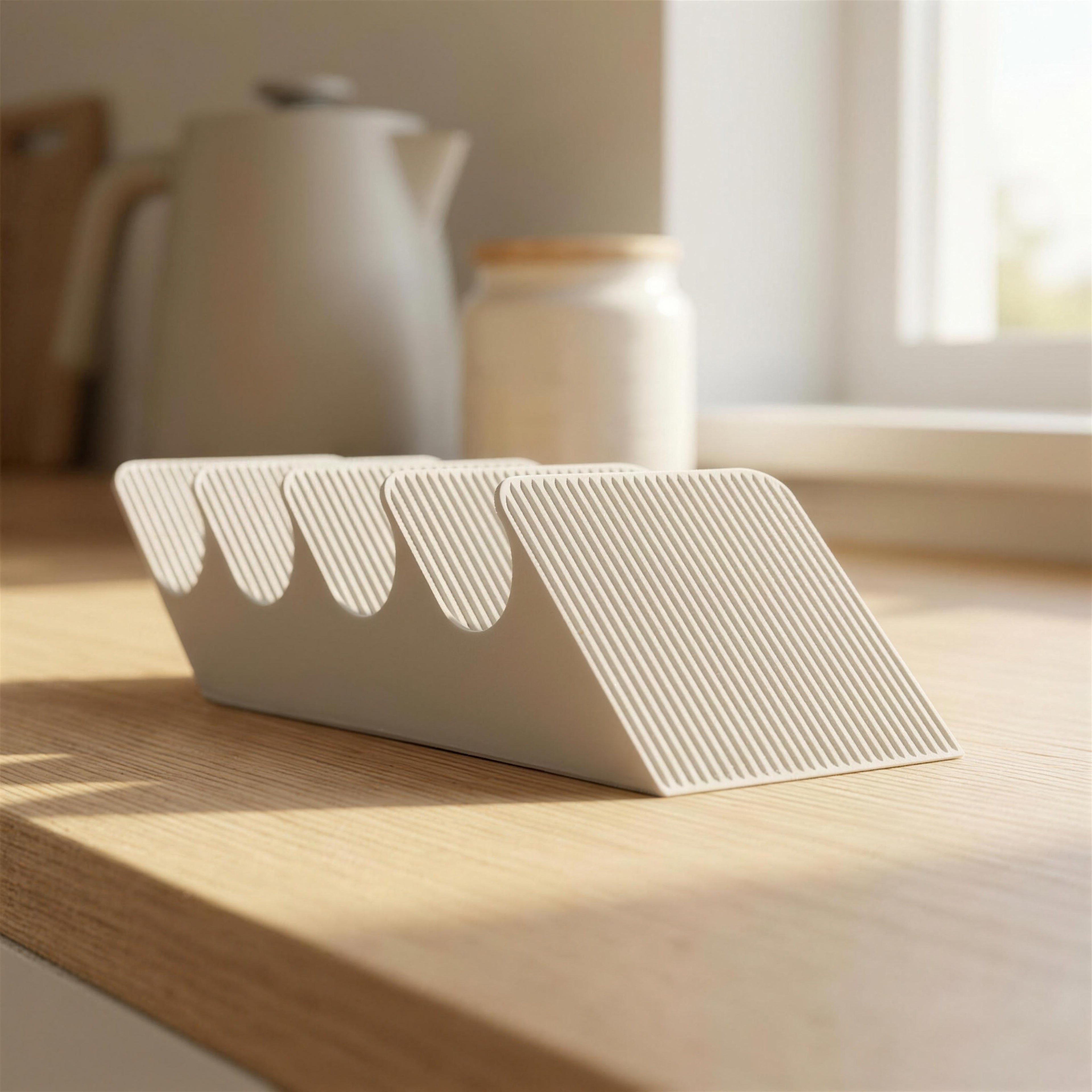 Empty light grey Tea Cascade tea bag dispenser without tea bags on a wooden kitchen counter