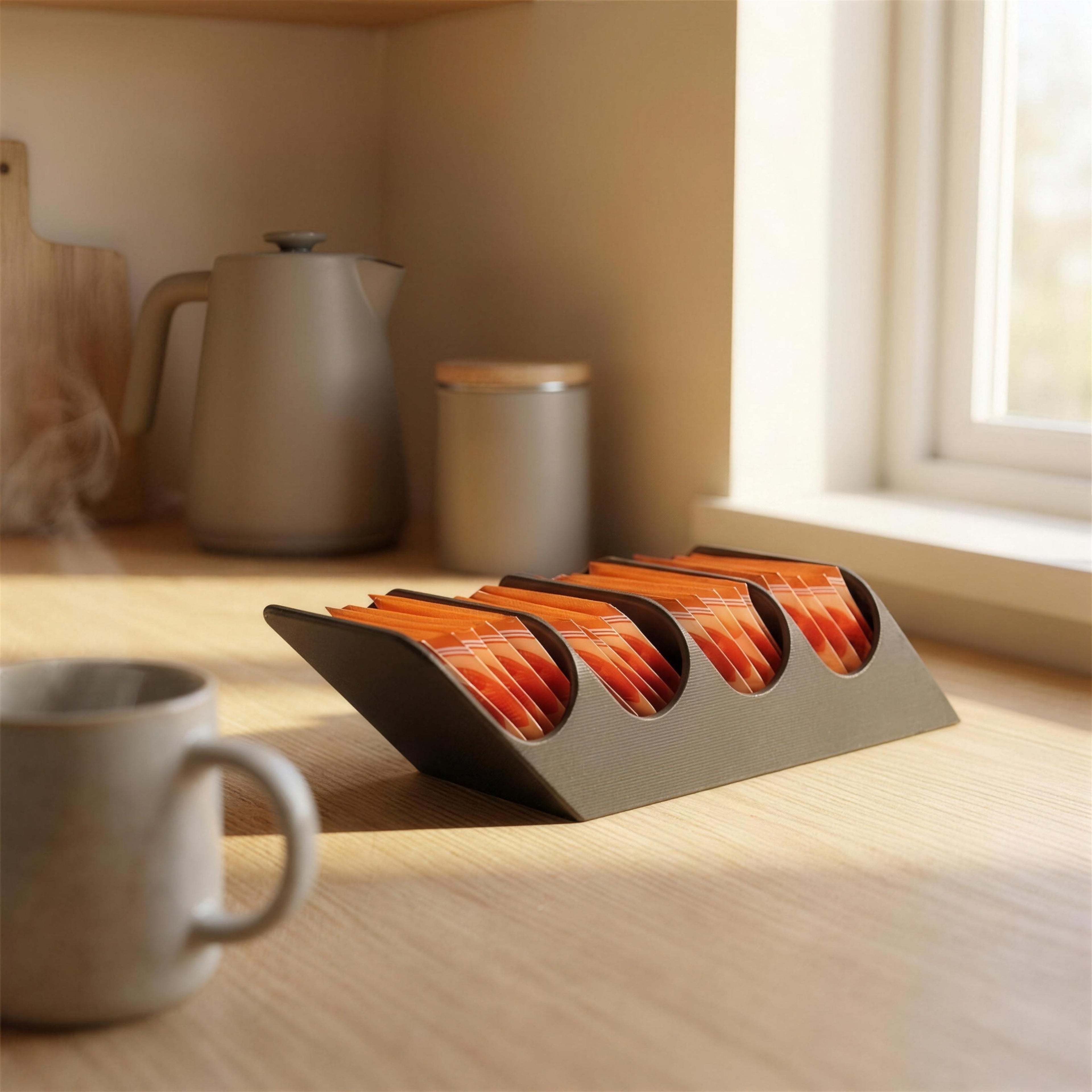 Close-up of the black Tea Cascade tea bag dispenser from the opposite angle showing tea bags in every slot