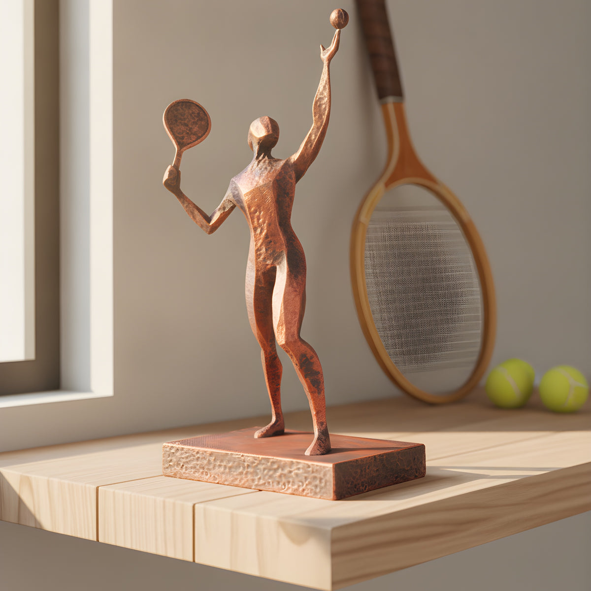 Tennisspieler-Statue in Kupfer-Bronze-Optik auf hellem Holzregal im Home-Gym, Aufschlagpose, unscharfer Hintergrund mit Tennisschläger und Bällen im warmen Tageslicht – Münch3D