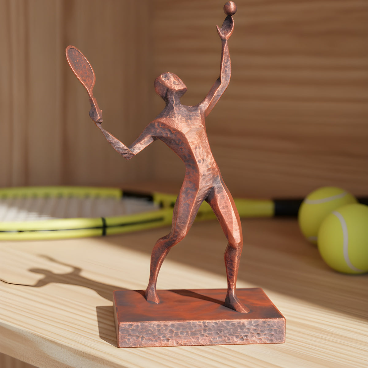 Tennisspieler-Statue in Kupfer-Bronze-Optik auf Holzregal, Seitenansicht der Aufschlagpose, unscharfer Hintergrund mit Tennisschläger und Bällen – Münch3D