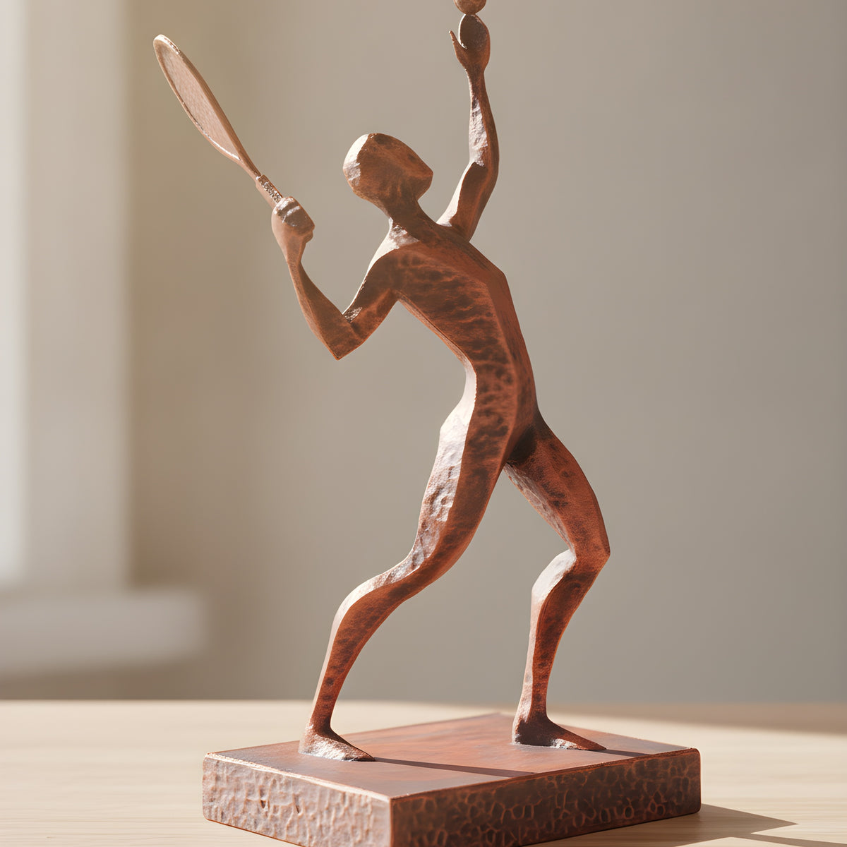 Tennisspieler-Statue in Kupfer-Bronze-Optik, Rückansicht schräg auf Holzoberfläche, weich unscharfer warmer Hintergrund – Münch3D