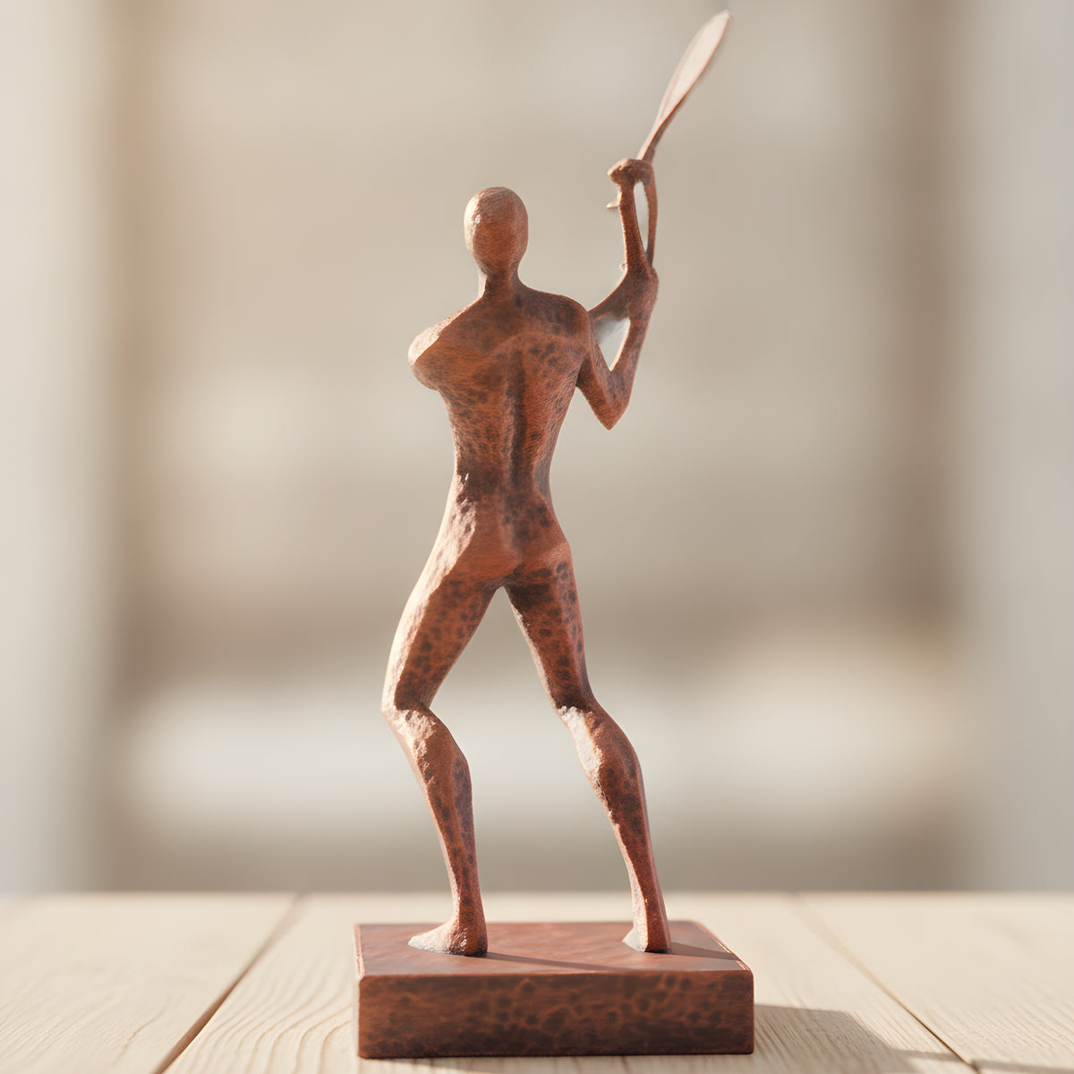 Tennisspieler-Statue in Kupfer-Bronze-Optik, gerade Rückansicht mit erhobenem Schlägerarm auf Holzoberfläche, weich unscharfer warmer Hintergrund – Münch3D