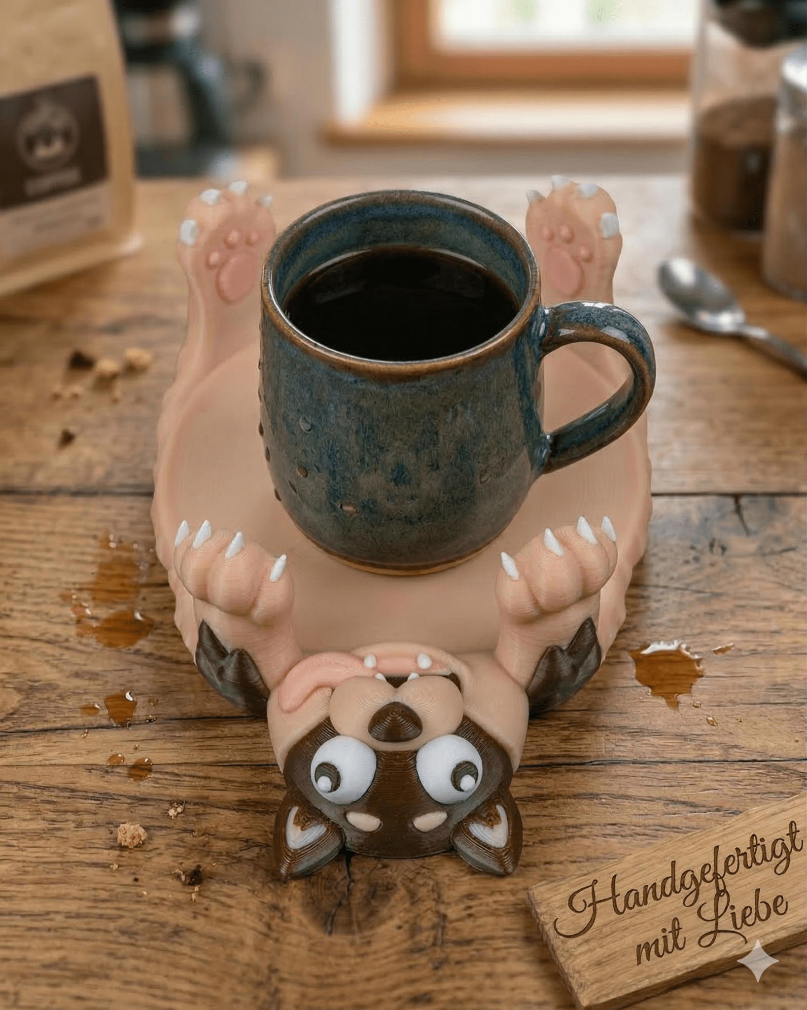 Lustiger Hund Untersetzer plattgedrückt mit Kaffeetasse, rustikaler Holztisch mit Kaffeetüte und Löffel – Münch3D