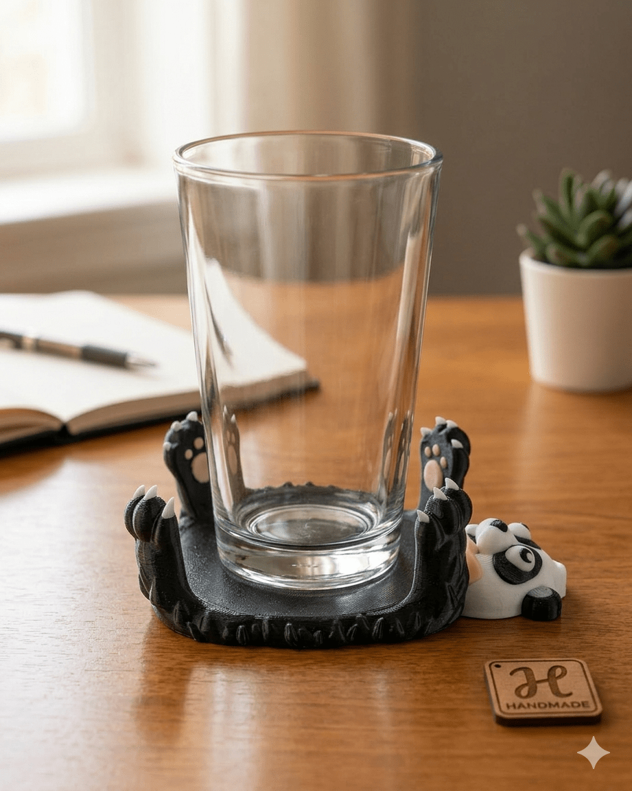 Lustiger Panda Untersetzer plattgedrückt mit Glas, Lifestyle-Foto auf Schreibtisch – Münch3D