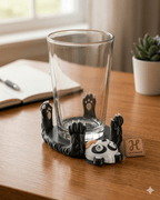 Lustiger Panda Untersetzer plattgedrückt, Glas mit Pfoten und Untersetzer auf Schreibtisch mit Notizbuch und Pflanze – Münch3D