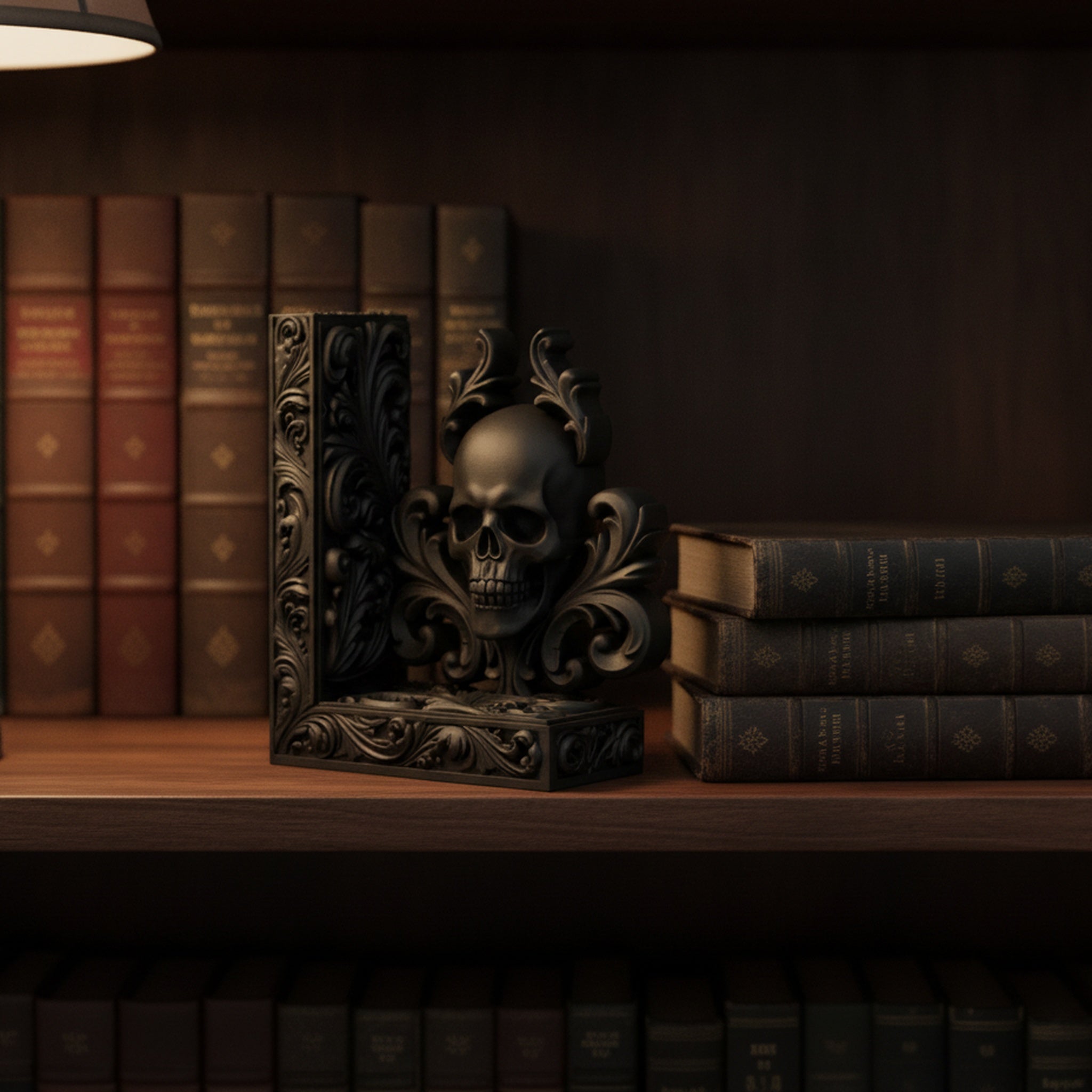 Totenkopf-Buchstütze Barock, schwarzer 3D-Druck im Bücherregal zwischen alten Büchern