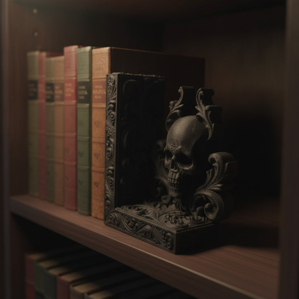 Totenkopf-Buchstütze Barock, Nahaufnahme des Akanthus-Rankenwerks