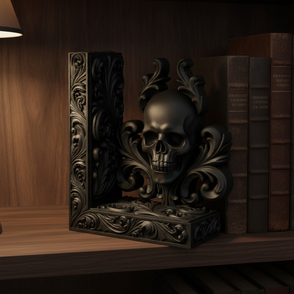 Totenkopf-Buchstütze Barock, Detailansicht des Totenkopf-Motivs