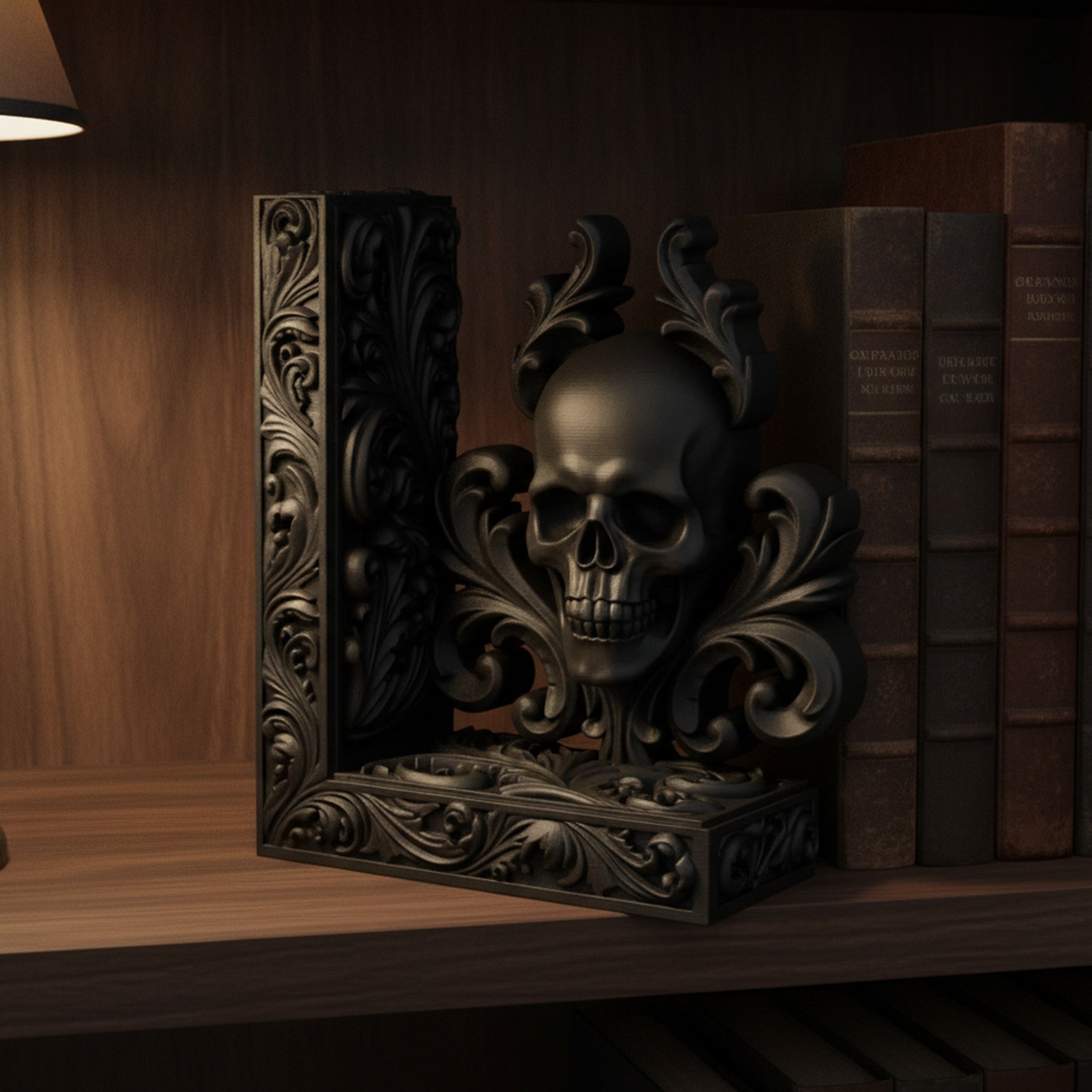 Totenkopf-Buchstütze Barock, Detailansicht des Totenkopf-Motivs