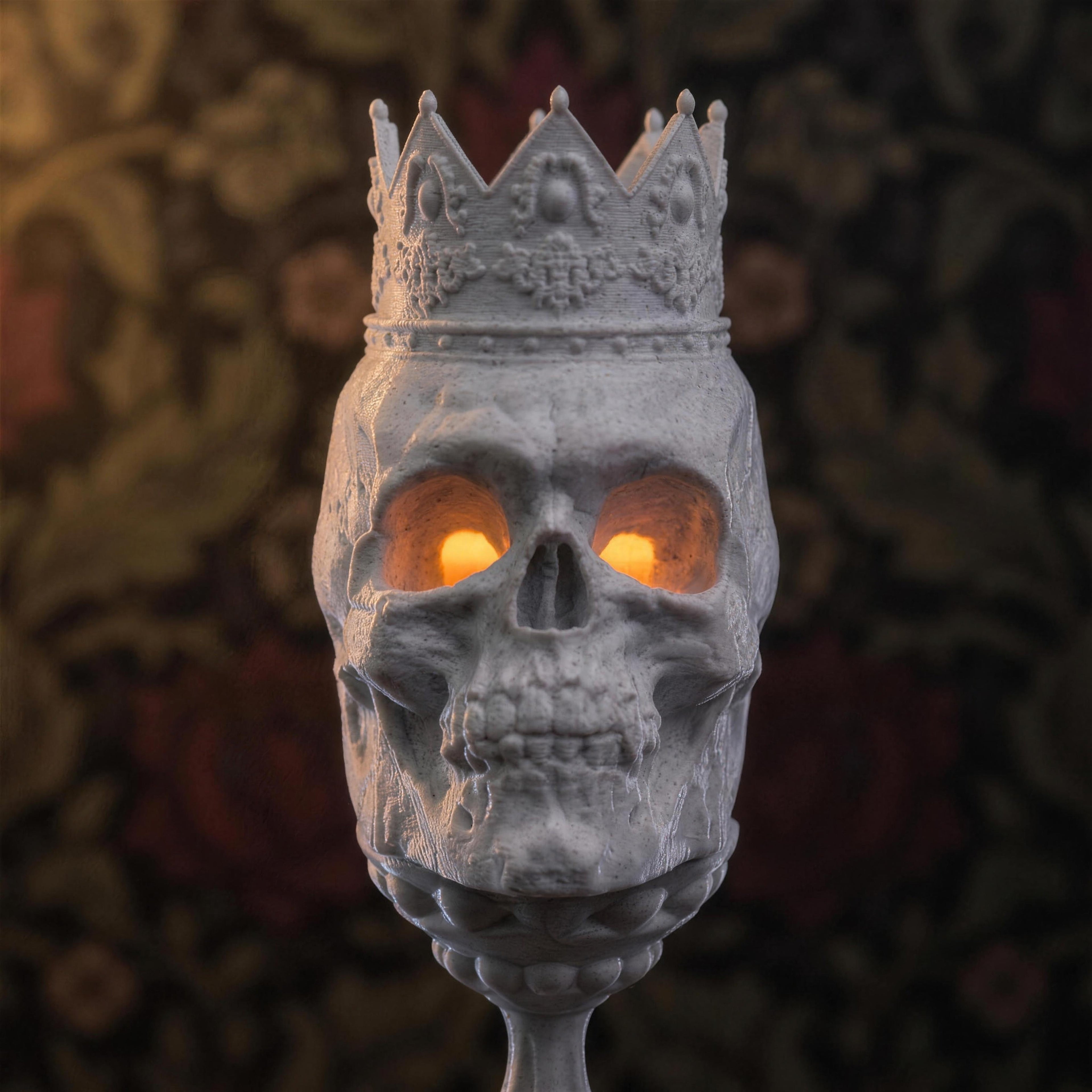 Nahaufnahme des Totenkopf-Kelch-Kerzenhalters mit gotischer Krone und leuchtenden orangefarbenen LED-Augen