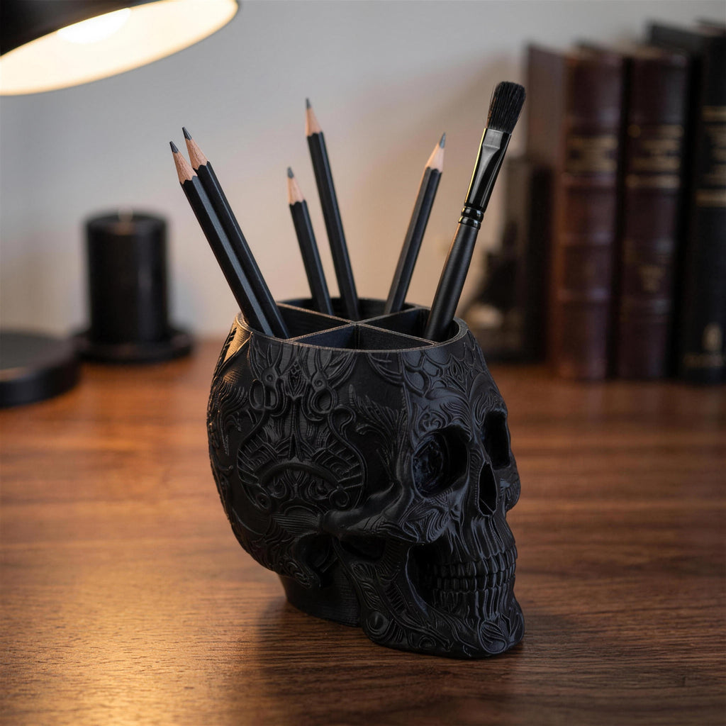 Totenkopf-Organizer Seitenansicht mit Ornament-Gravur, Bleistifte und Pinsel im Innenraum, Schreibtischlampe und Bücher im Hintergrund – Münch3D