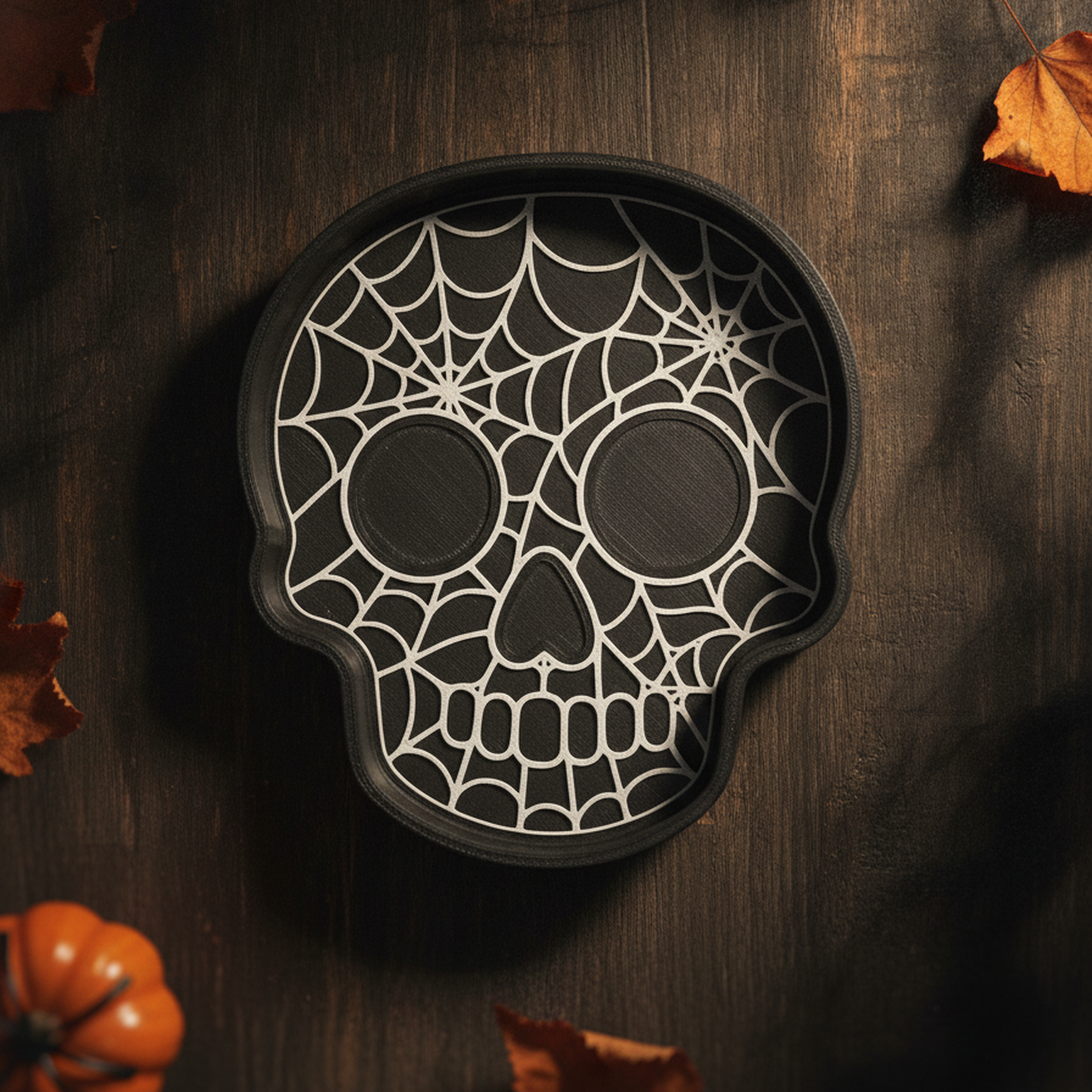 Nahaufnahme der Totenkopf-Schale: weißes Spinnennetz-Relief, runde schwarze Augenhöhlen und herzförmige Nase auf schwarzem Grund