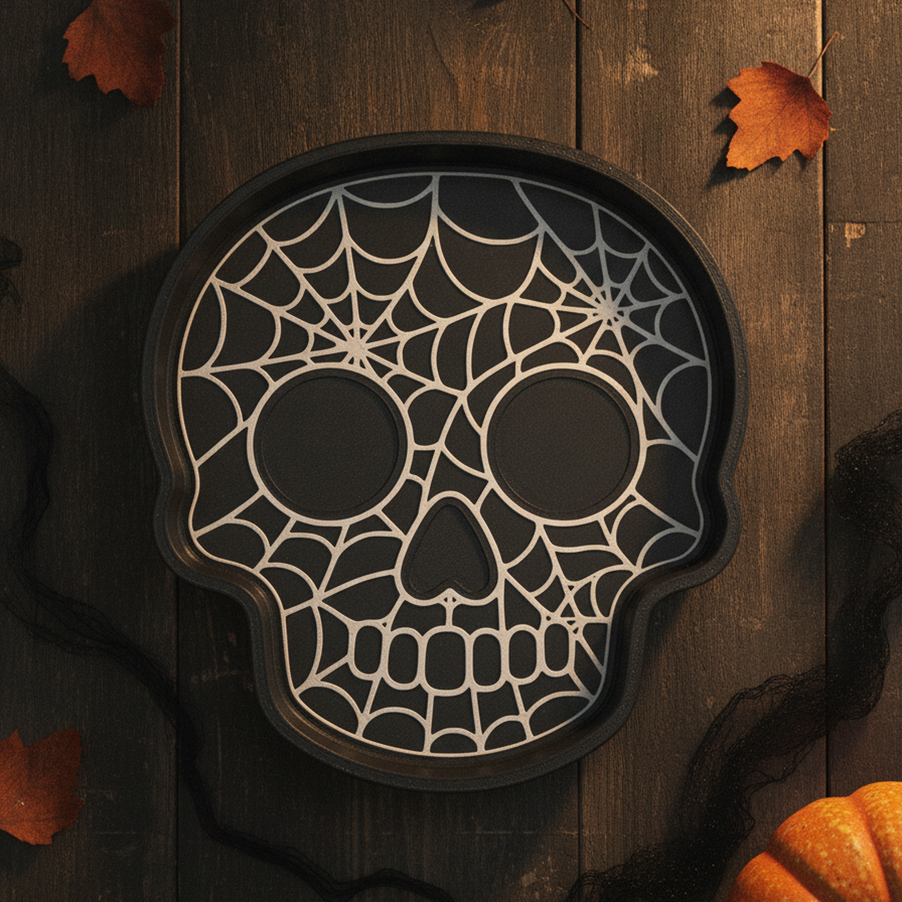 Totenkopf-Schale mit weißem Spinnennetz-Muster auf schwarzem Grund, Ansicht von oben auf dunklem Holztisch mit Herbstlaub und Mini-Kürbis