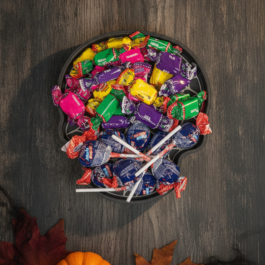 Totenkopf-Schale mit Spinnennetz-Muster von oben, gefüllt mit bunt verpackten Bonbons und Lollis, Halloween-Tischdeko mit Kürbis und Herbstlaub
