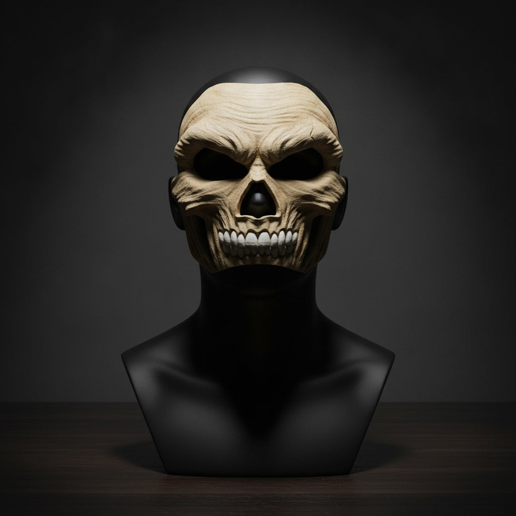 Totenkopf-Halloween-Maske in Creme mit goldenem Zahn-Akzent, auf schwarzer Ausstellungsbüste montiert, dunkler Studiohintergrund mit Spotlight