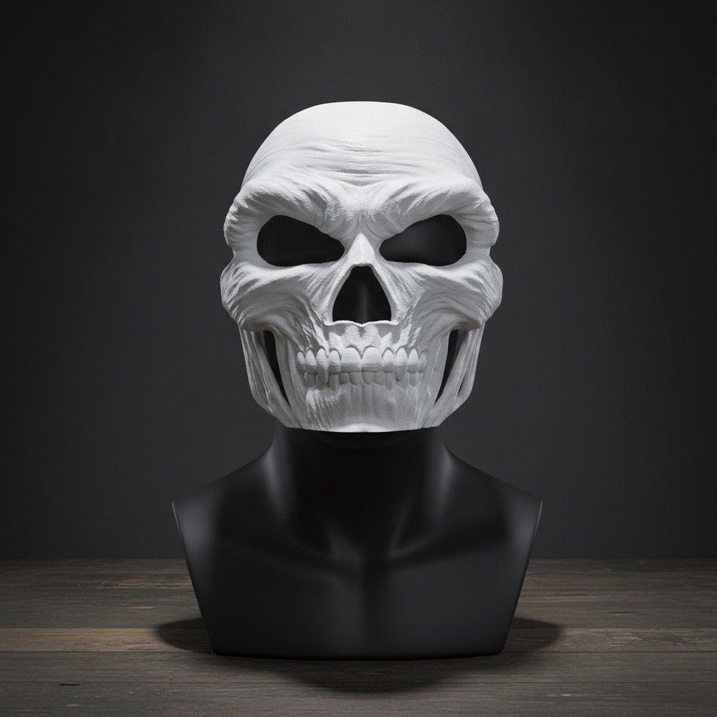 Totenkopf-Halloween-Maske in Weiß ohne Zahn-Akzent, auf schwarzer Ausstellungsbüste montiert, dunkler Studiohintergrund mit Spotlight