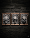 Totenkopf Wanddeko 3-teiliges Schädel-Relief-Set – KI-Lifestyle-Rendering vor dunkler Steinwand