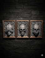 Totenkopf Wanddeko 3-teiliges Schädel-Relief-Set – KI-Lifestyle-Rendering vor dunkler Steinwand