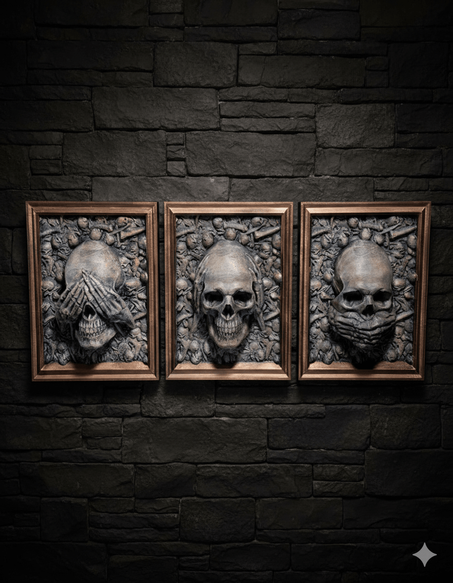 Totenkopf Wanddeko 3-teiliges Schädel-Relief-Set – KI-Lifestyle-Rendering vor dunkler Steinwand