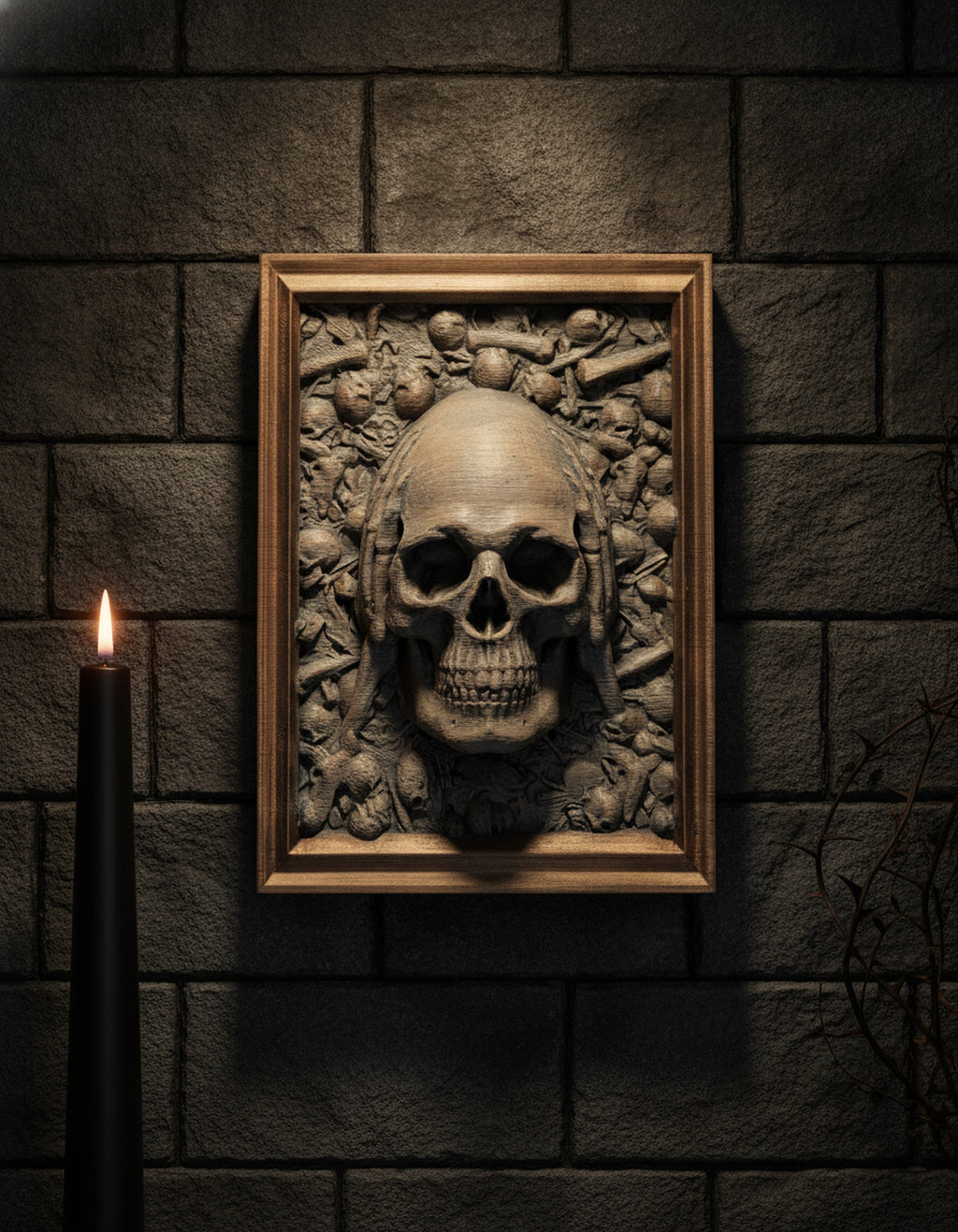 Totenkopf Wanddeko „Nichts hören“ – Skelett-Hände seitlich am Schädel, Frontalansicht an dunkler Steinwand, Münch3D
