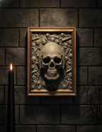 Totenkopf Wanddeko „Nichts hören“ – Skelett-Hände seitlich am Schädel, Frontalansicht an dunkler Steinwand, Münch3D