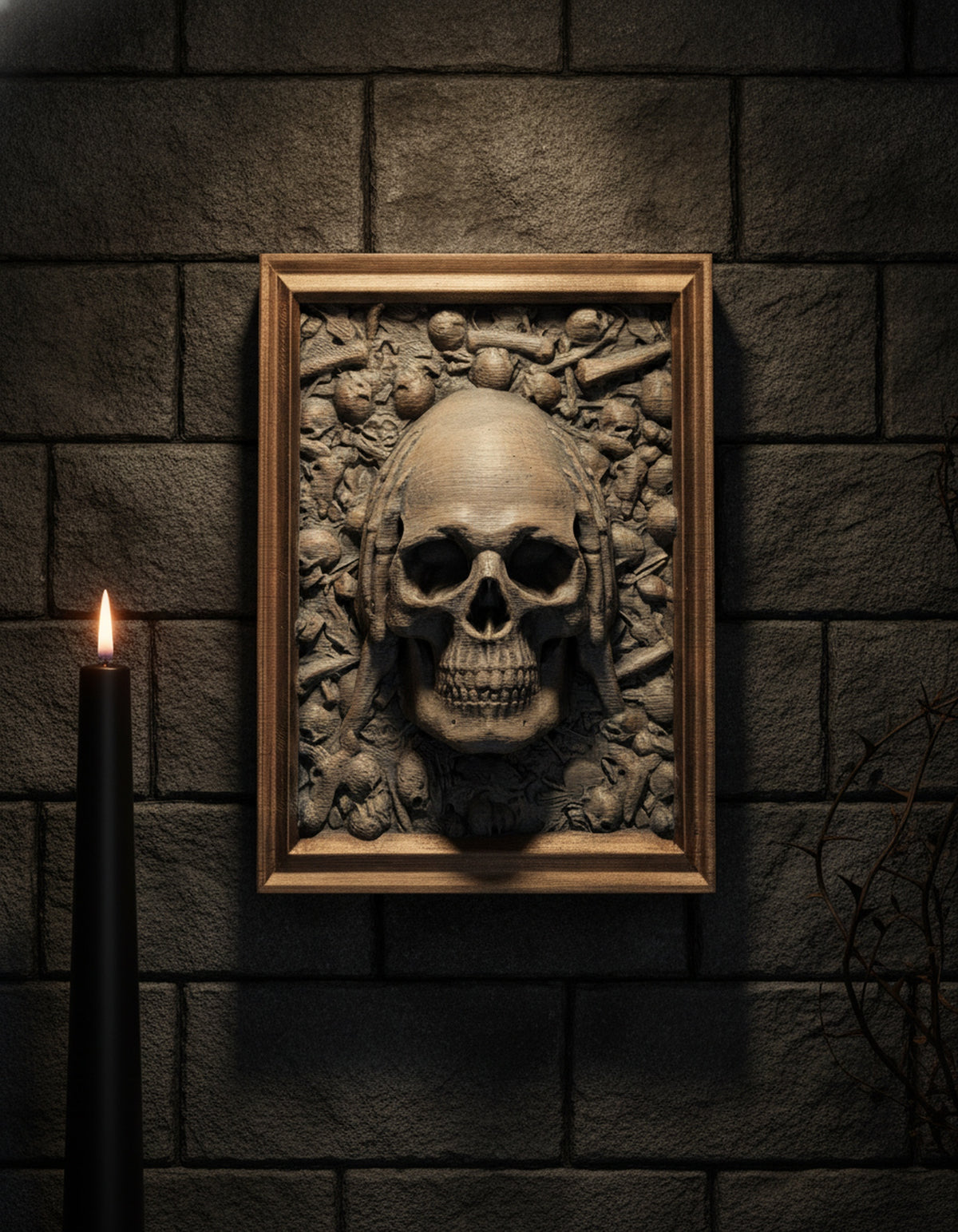 Totenkopf Wanddeko „Nichts hören“ – Skelett-Hände seitlich am Schädel, Frontalansicht an dunkler Steinwand, Münch3D
