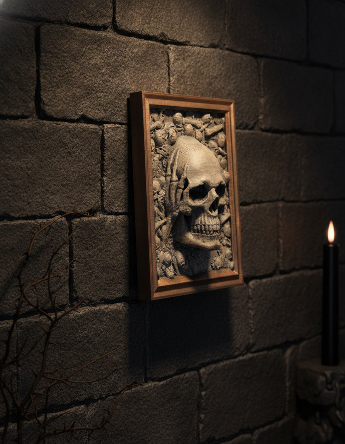 Totenkopf Wanddeko „Nichts hören“ – Skelett-Hände seitlich am Schädel, Ansicht schräg an Steinwand, Münch3D