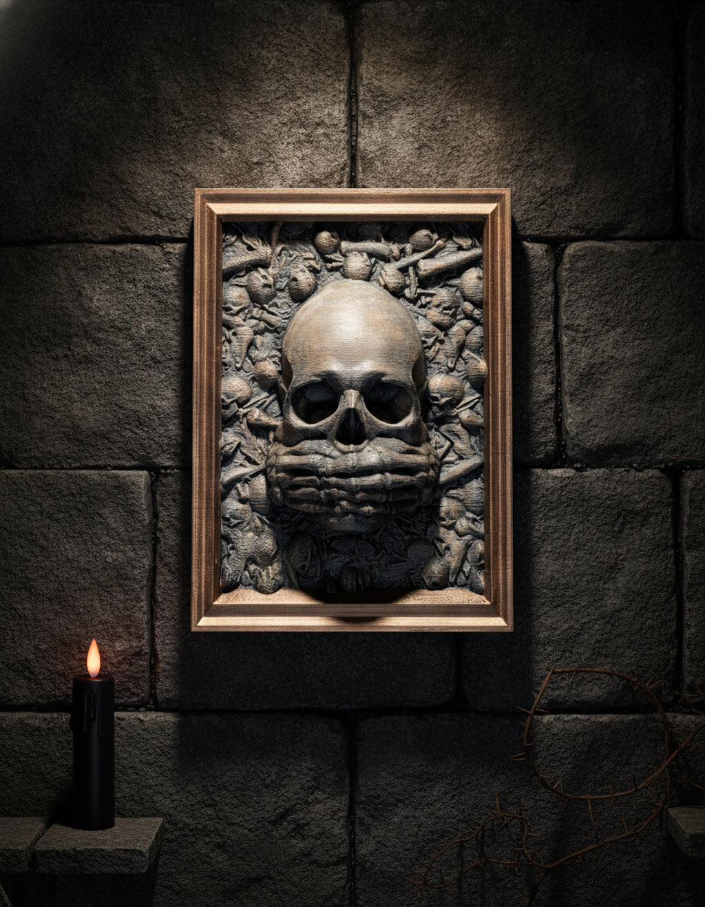 Totenkopf Wanddeko „Nichts sagen“ – Skelett-Hand über dem Mund, Frontalansicht an dunkler Steinwand, Münch3D