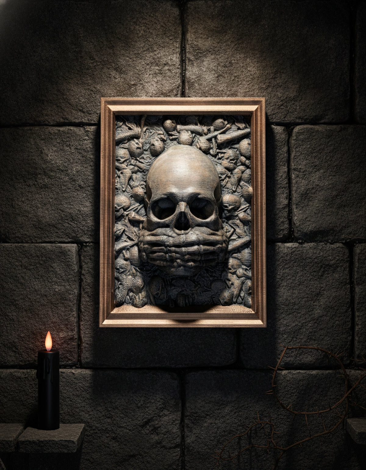 Totenkopf Wanddeko „Nichts sagen“ – Skelett-Hand über dem Mund, Frontalansicht an dunkler Steinwand, Münch3D