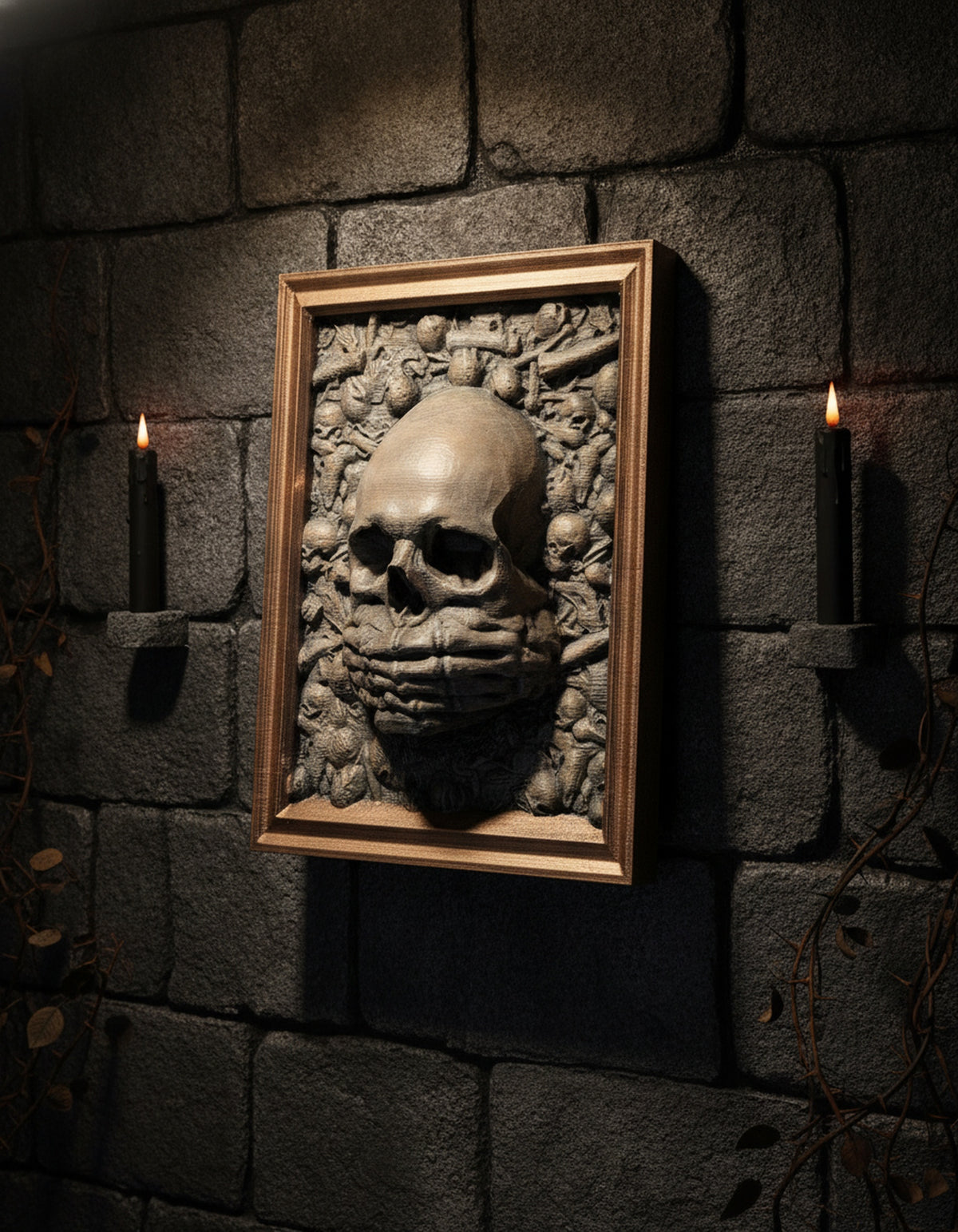 Totenkopf Wanddeko „Nichts sagen“ – Skelett-Hand über dem Mund, Ansicht schräg von der Seite an Steinwand, Münch3D