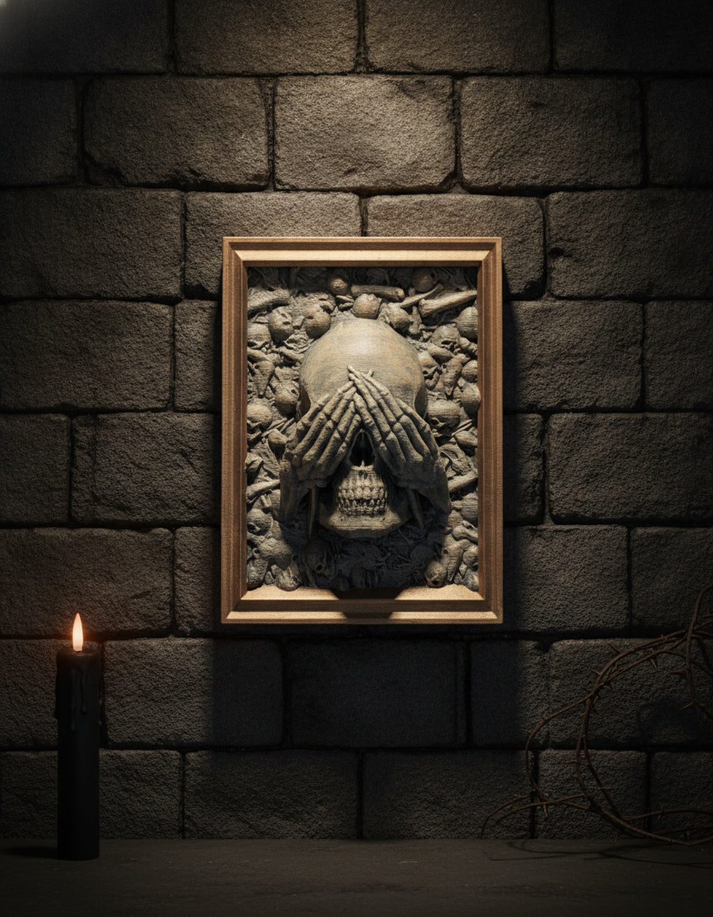 Totenkopf Wanddeko „Nichts sehen“ – Skelett-Hände über den Augen, Frontalansicht an dunkler Steinwand, Münch3D