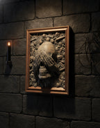 Totenkopf Wanddeko „Nichts sehen“ – Skelett-Hände über den Augen, Ansicht schräg von der Seite an Steinwand, Münch3D