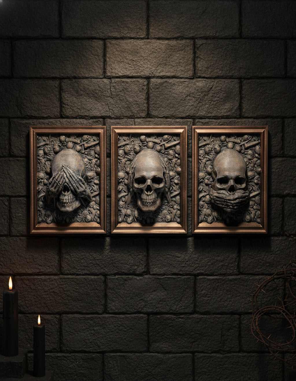 Totenkopf Wanddeko 3-teiliges Schädel-Relief-Set – alle drei Reliefs an dunkler Steinwand montiert, Kerzenlicht und Gothic-Deko im Hintergrund