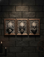 Totenkopf Wanddeko 3-teiliges Schädel-Relief-Set – alle drei Reliefs an dunkler Steinwand montiert, Kerzenlicht und Gothic-Deko im Hintergrund