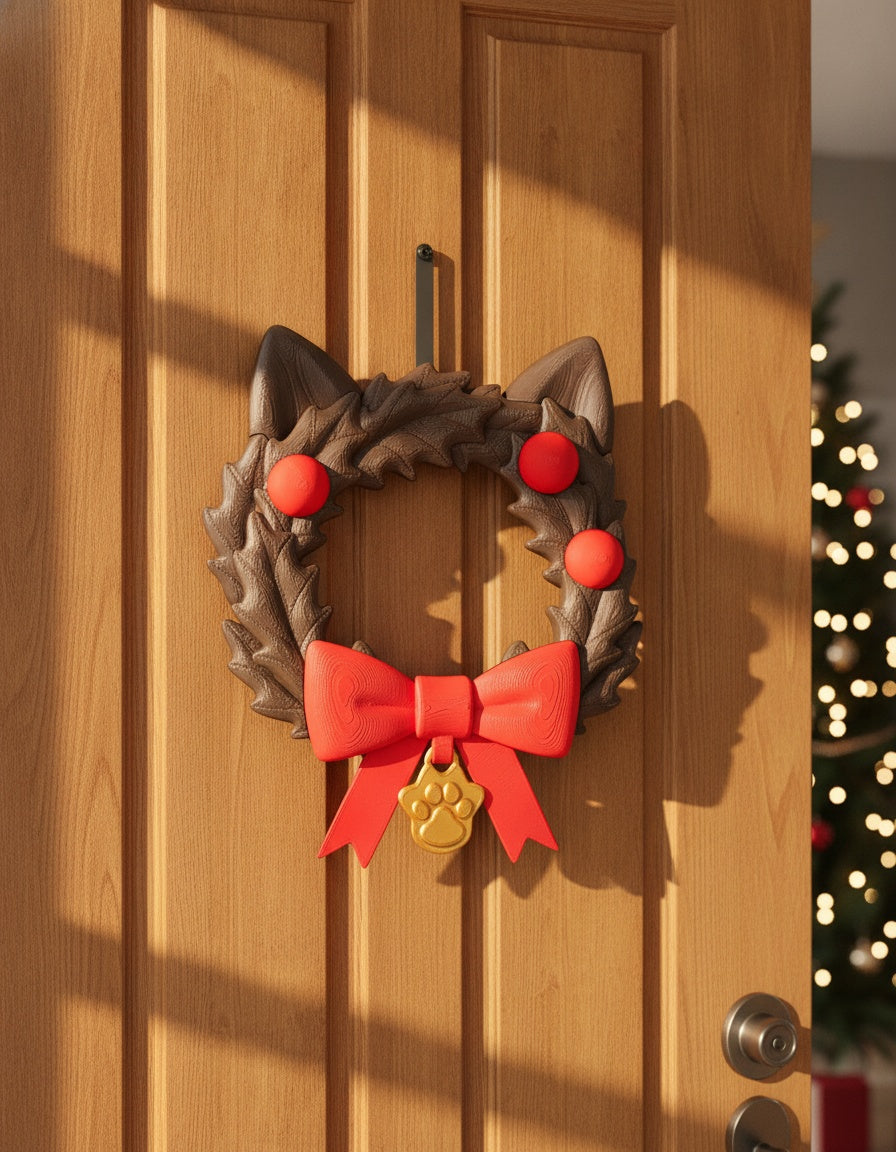 Weihnachtskranz in Katzenkopf-Form mit Katzenohren, roten Kugeln, roter Schleife und goldenem Pfotenanhänger, an heller Holztür mit sichtbarem Aufhänge-Haken, weichem Kontaktschatten auf der Tür, warmem Sonnenlicht von links und Tannengrün mit Lichterkette im Hintergrund