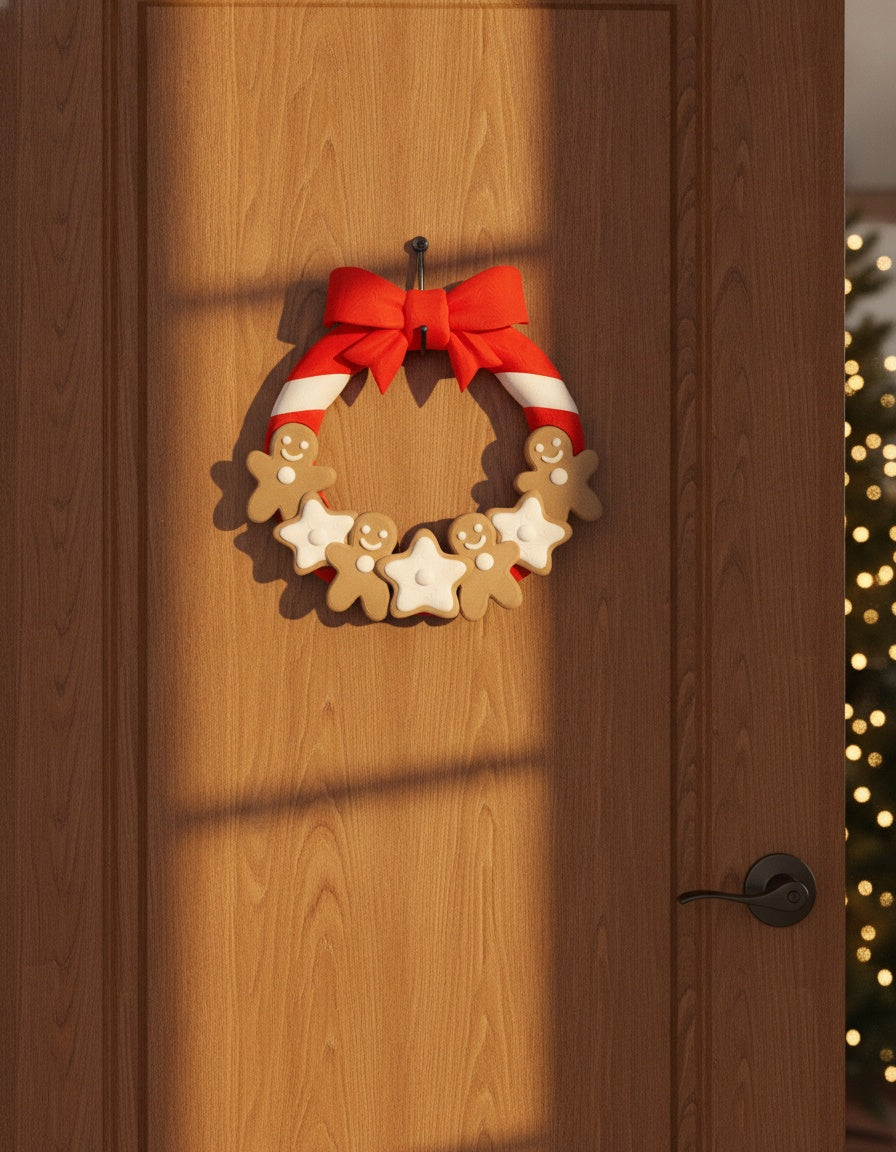 Weihnachtstürkranz mit Lebkuchenmännern, weißen Zuckerguss-Sternen und roter Zuckerstangen-Schleife, an heller Holztür mit sichtbarem Aufhänge-Haken, weichem Kontaktschatten auf der Tür, warmem Sonnenlicht von links und Tannengrün mit Lichterkette im Hintergrund