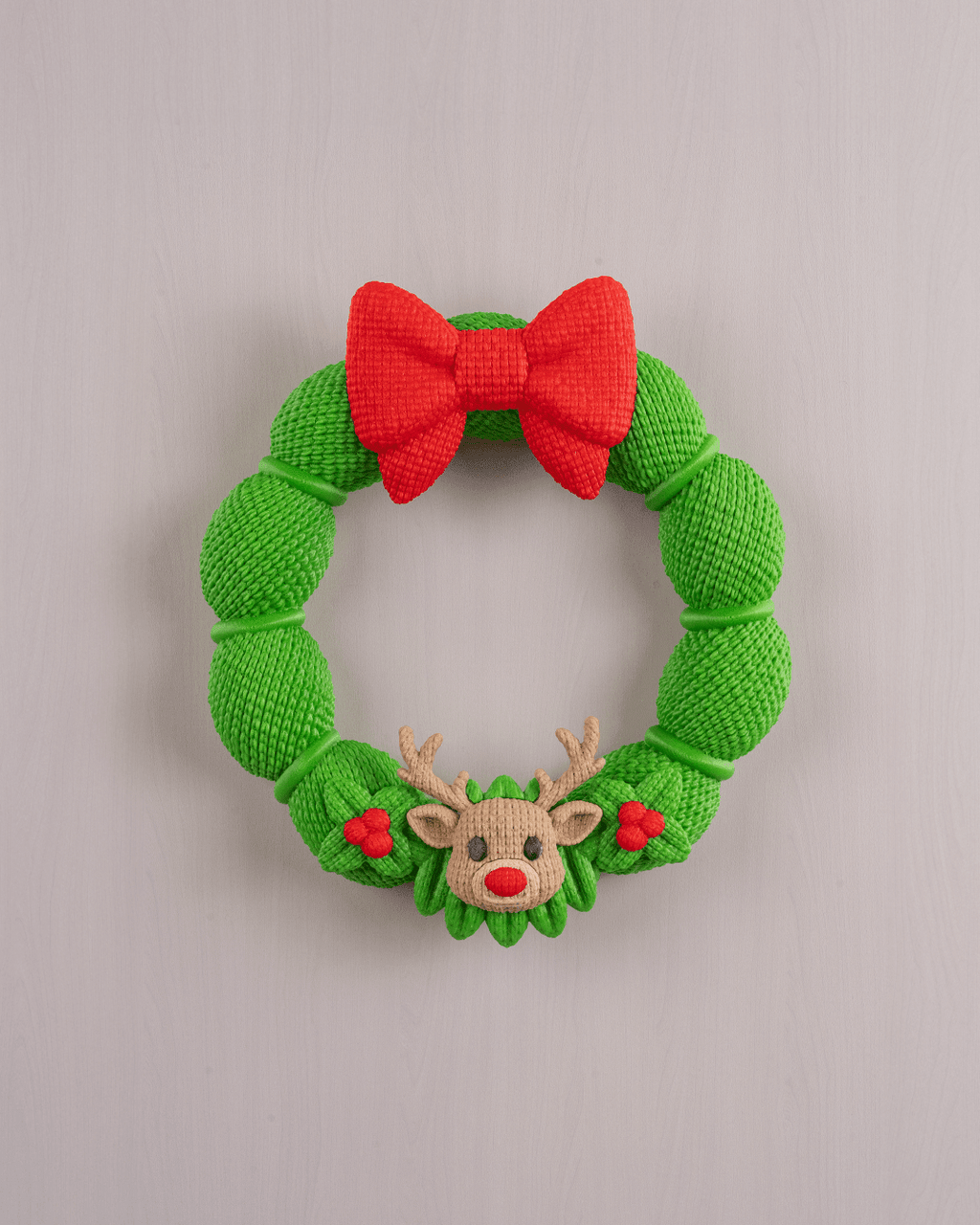 Weihnachtskranz aus grüner Strickoptik mit rotem Schleifen-Band und Rentier-Applikation mit roter Nase, Frontalansicht an heller grauer Wand