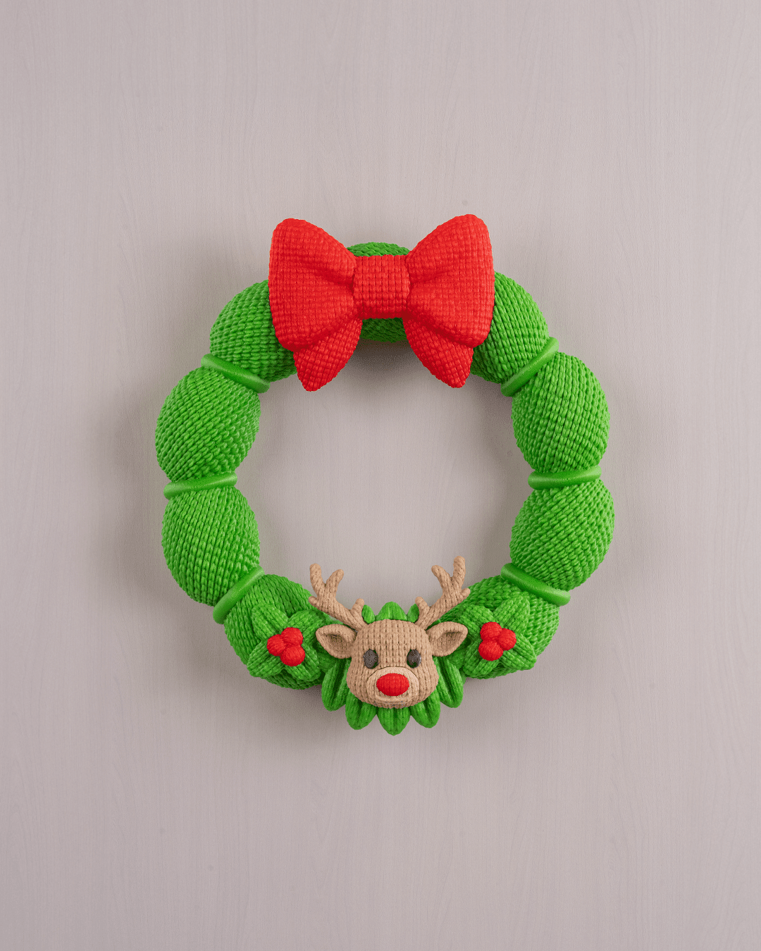 Weihnachtskranz aus grüner Strickoptik mit rotem Schleifen-Band und Rentier-Applikation mit roter Nase, Frontalansicht an heller grauer Wand