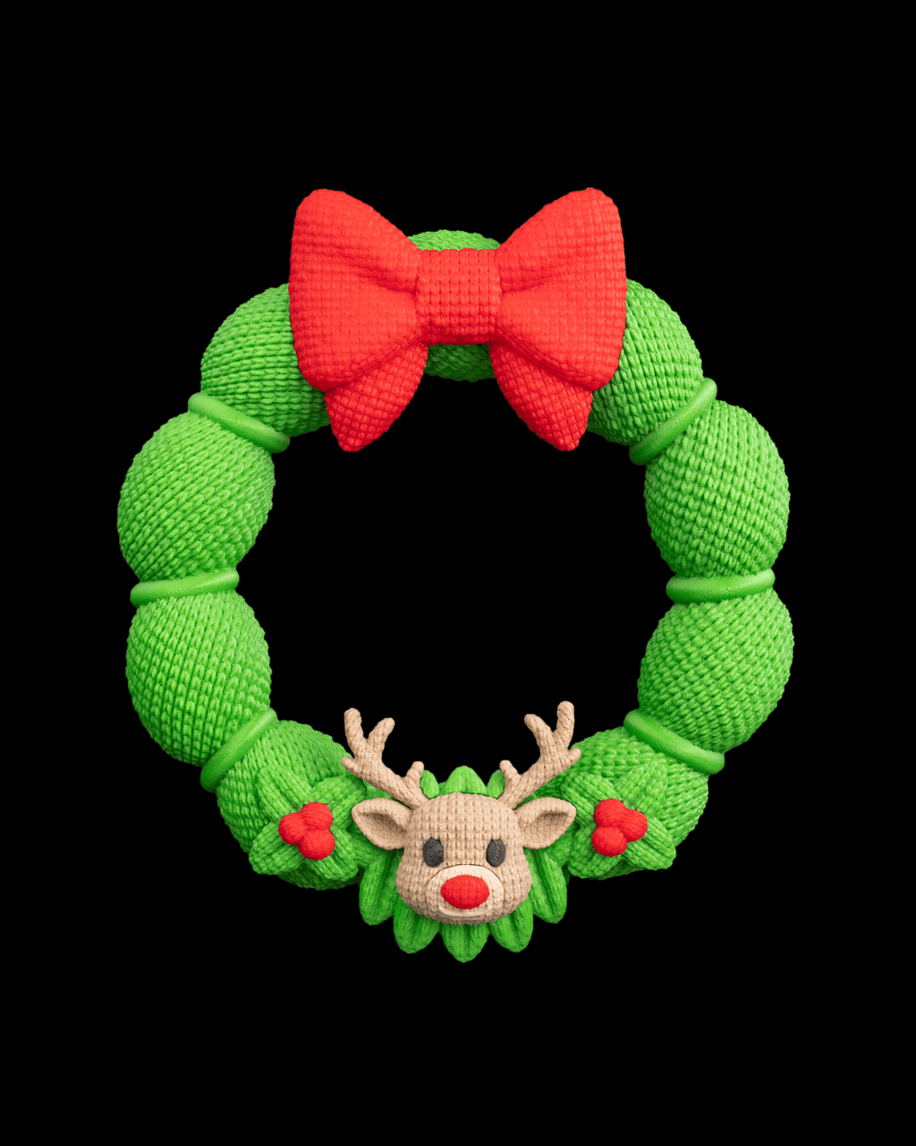 Weihnachtskranz aus grüner Strickoptik mit rotem Schleifen-Band und Rentier-Applikation, Frontalansicht vor schwarzem Hintergrund, leicht anderer Bildausschnitt